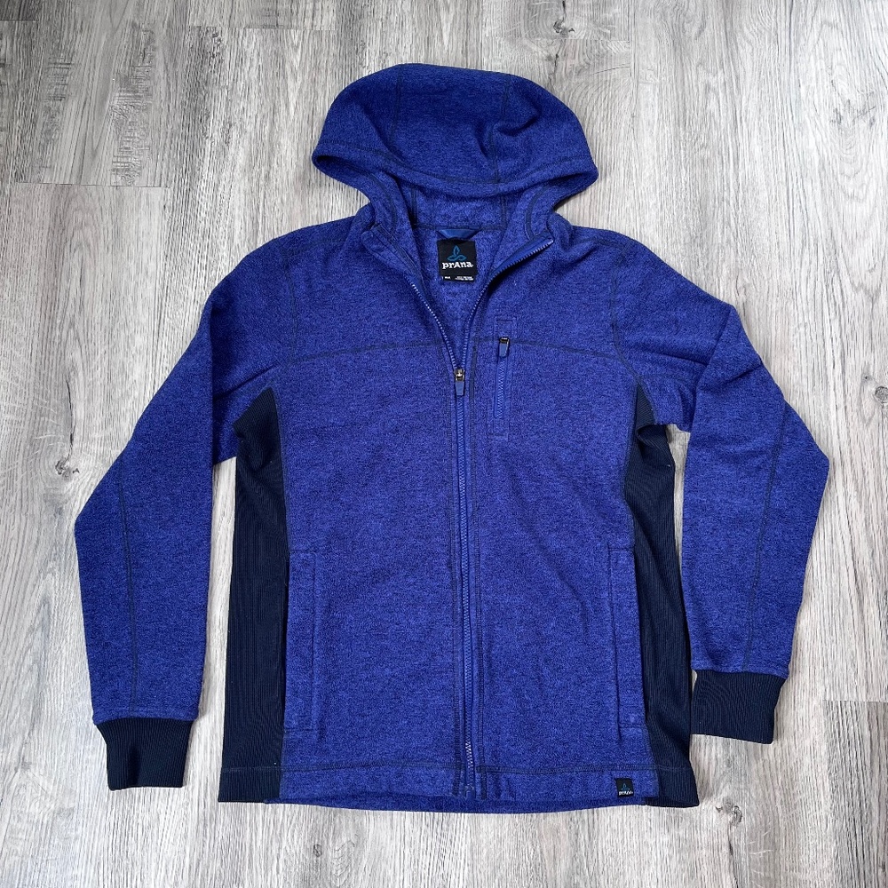 PrAna Jacket Mens Size S Drey Fleece Hooded Pockets Full Zip Blue Ribbed Cuffs
